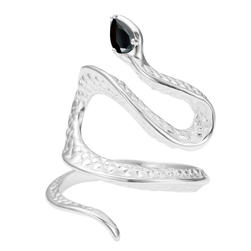 Twisted Silver Snake Ring with Black Zircon – DoreaJewelry