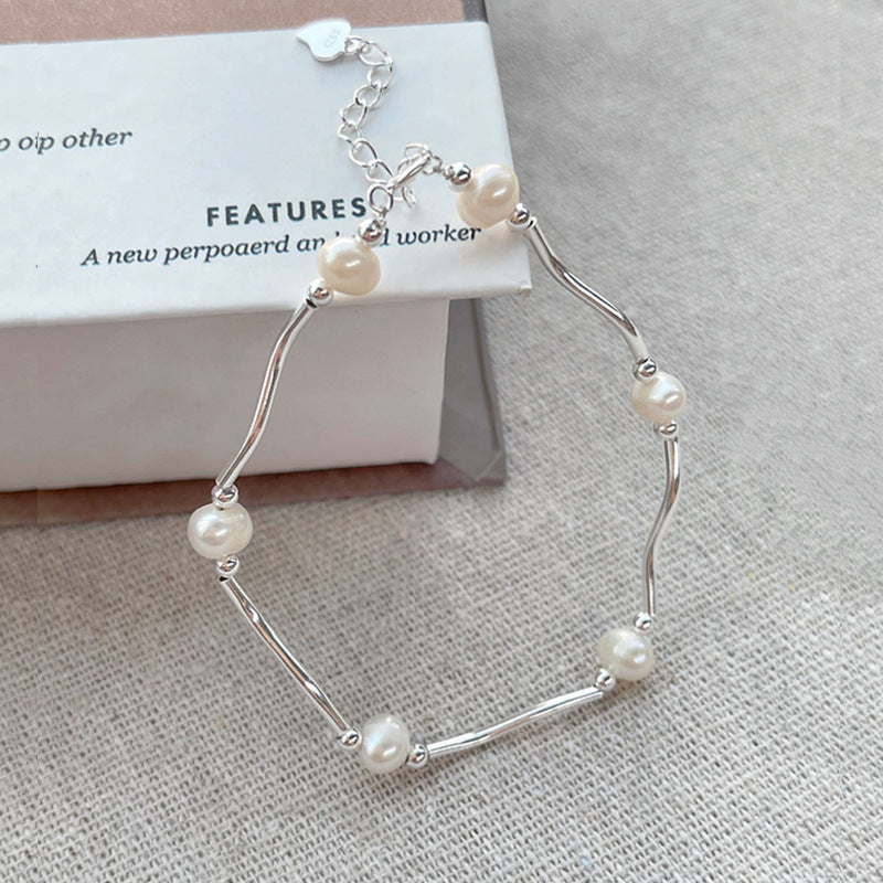 S925 Silver Freshwater Pearl Wave Bangle