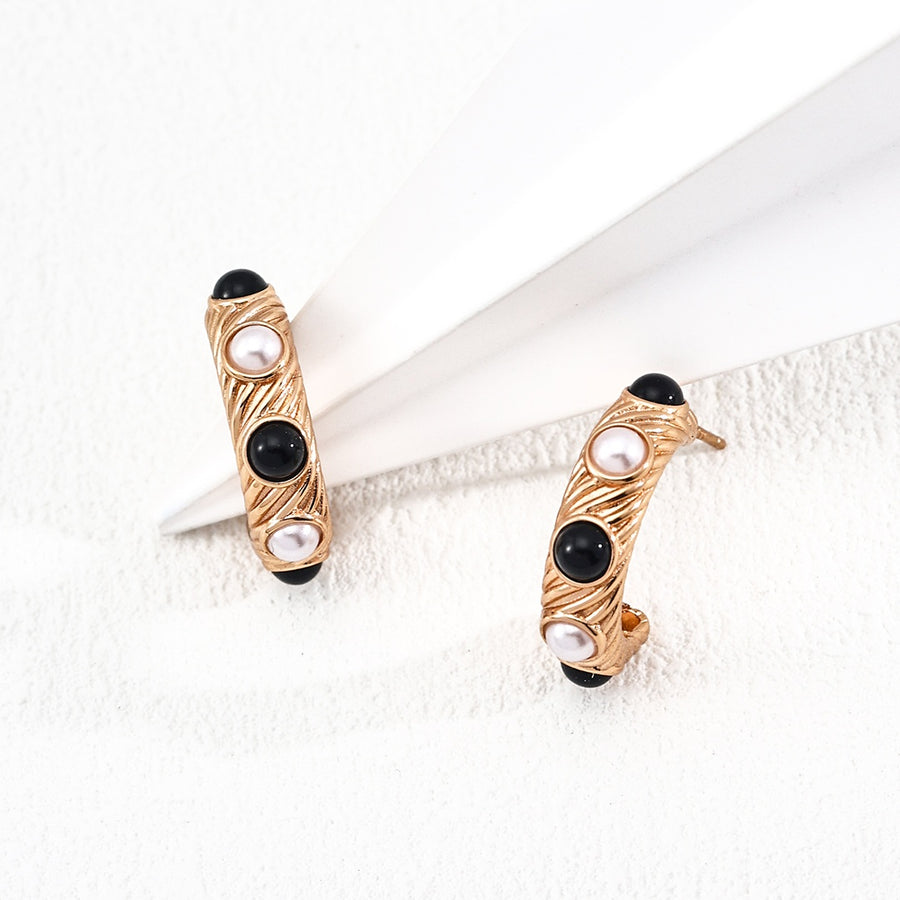Vintage S925 Silver Natural Pearl & Black Onyx Earrings