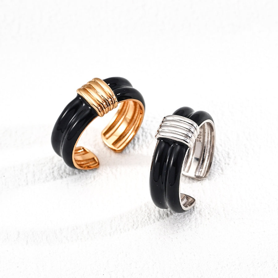 S925 Silver Vintage Black Enamel Ring Earring