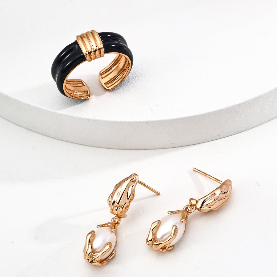 S925 Silver Vintage Black Enamel Ring Earring