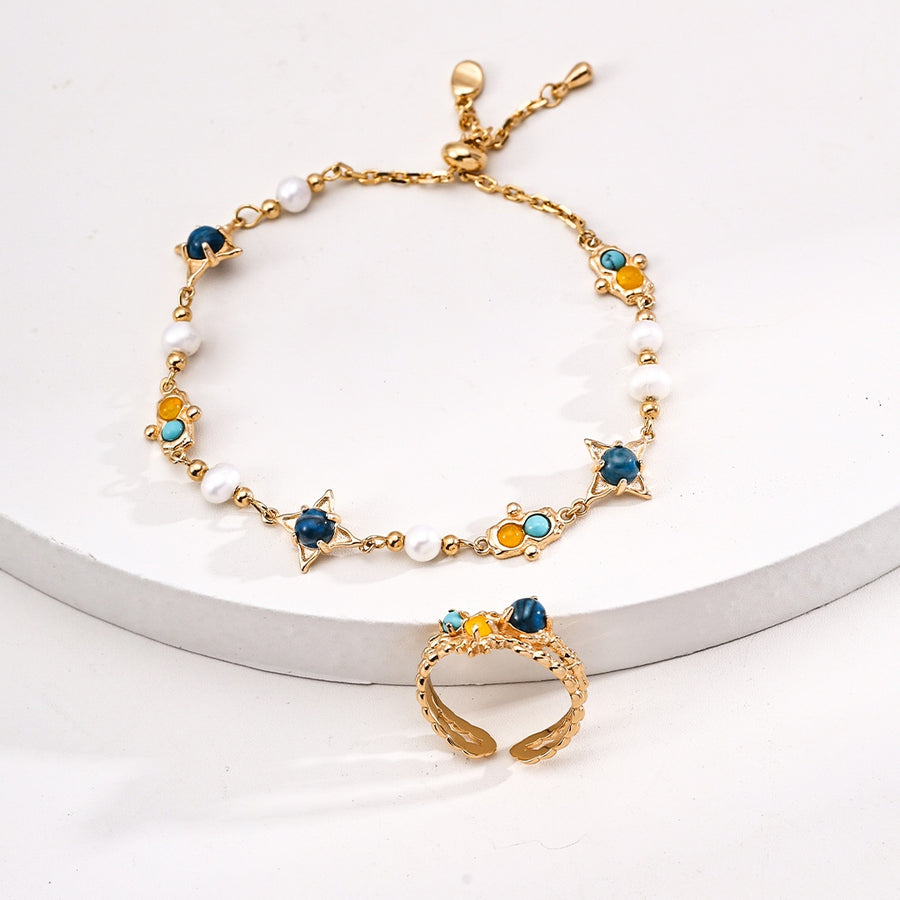 Vintage S925 Sterling Silver Natural Pearl & Gemstone Bracelet Ring Earring